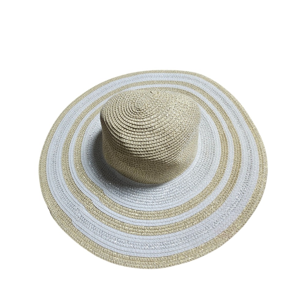 Magid Hats Paper Straw Floppy Sun Hat Tan Wide Brim Striped Metallic White Beach